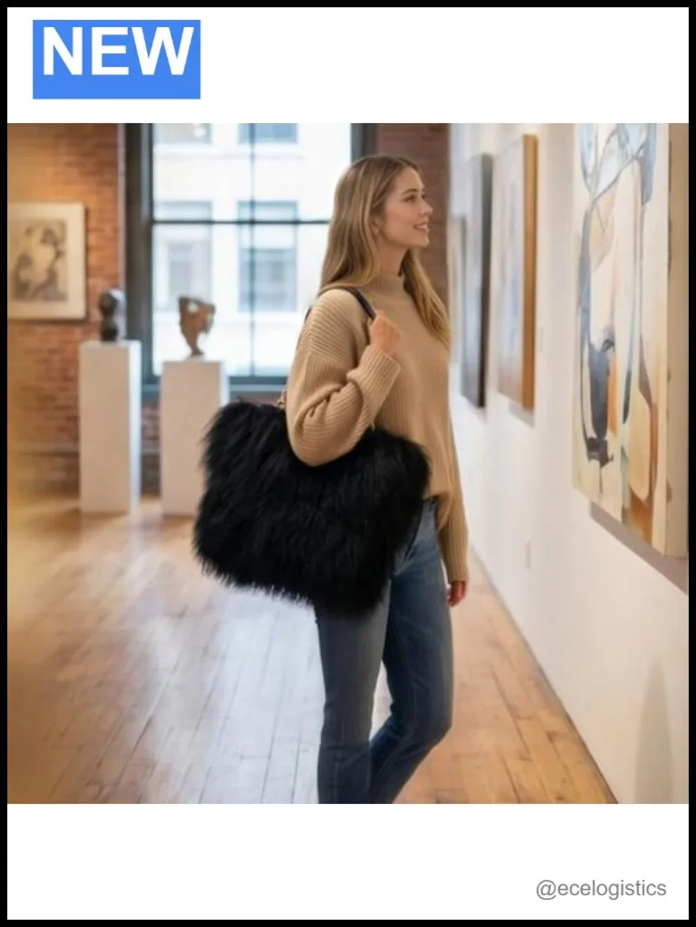 Genuine Mongolian Curly Lamb Fur Tote Bag with Leather Handles and Golden